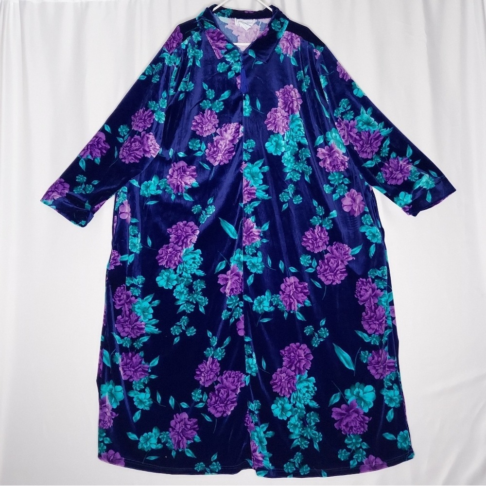 Woman Within Vtg Velour Nightgown 4X Floral Long Sleeve Zipper Collar Pockets
